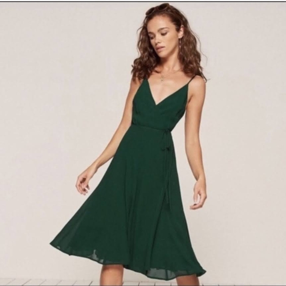 Reformation Green Midi Dress Wrap Mallory Dress Emerald Green XS - Picture 4 of 10